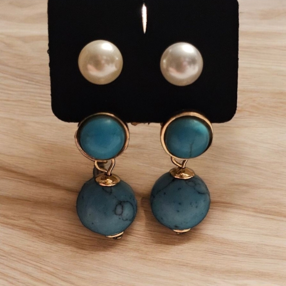 RARE Elegant Turquoise, Pearl,  and Gold Drop Earrings